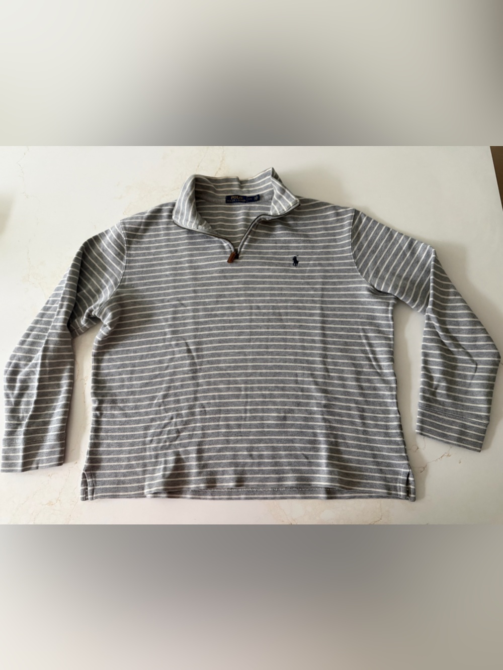 Polo Ralph Lauren Gray & White Striped cotton quarter zip sweater